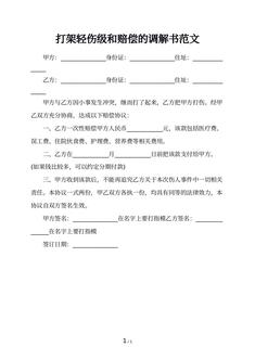 打架轻伤级和赔偿的调解书范文