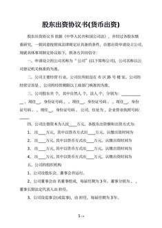 股东出资协议书(货币出资)