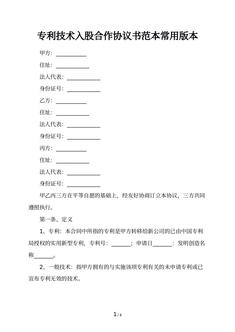 专利技术入股合作协议书范本常用版本